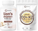 Micro Ingredients D3-vitamiini 10 000iu + K2 200mcg Coconut Oil Softgels & Lions Mane Supplement 240 Kasvis Kapselit Bundle 2 Pack ...
