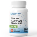 Puregen Labs Ferrous Gluconate 324 mg [High Potency] Iron Supplement, Hellästi vatsalla - 100 tablettia