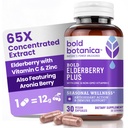 Rohkea Botanica Elderberry Plus - 65x Väkevä musta vaniljauute, jossa on sinkkiä ja C-vitamiinia päivittäiseen immuunitukeen ja kausittaiseen hyvinvointiin - ei-GMO, 30 vegaaninen kapseli
