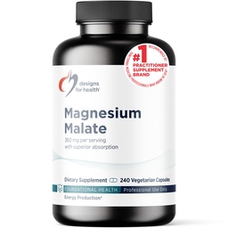 Designs for Health Magnesium Malate - Chelated Magnesium som Di Magnesium Malate - Mycket biotillgänglig form för att stödja energi, benhälsa + muskelåterställning (240 Magnesium Malate Capsules)