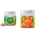 Olly Fiber Gummy Rings, 5g Prebioottikuitu, FOS (Fructo-oligosakkaridit), Ruoansulatustuki & Hei Happy Gummy Worms, Mielialan tasapaino tuki, D-vitamiini, Saffron, Aikuisten pureskeltava täydentää