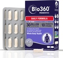 Bio360 Adult Daily Probiotic Supplement for Women & Men, 30 miljardia PMY, 10 kanta, Organic Prebiotic Fibers, Ruoansulatuselimistön terveys, satunnainen ummetus, ripuli, kaasu ja turvotus, 30CT