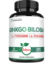 1000mg Ginkgo Biloba Lisäravinteet L-tyrosiini, L-Theanine - 120 kapselia 2-kuukautinen tarjonta - Tuki Focus, Mermory Function, Aivojen terveys & Vision Quality