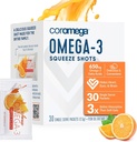 Coromega Omega 3 Fish Oil Supplement, 650mg Omega-3s 3X Parempi imeytyminen kuin Softgels, Orange Flavor, 30 Single Serve Squeeze Packets
