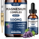 Magnesium Glycinate Liquid Drops, magnesium Glycinate Supplement 500 mg kanssa sitraatti, malaatti, Ashwagandha, L-Theaniini, B6-vitamiini uni, stressi helpotus, luut, lihas, mieliala, Grape Flavor 2 Fl Oz