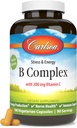 Carlson - B Complex Balanced B-vitamiinit C-vitamiini - Stressi, energia ja immuuni B-vitamiini Complex naisille ja miehille - 180 kasvissyöjä kapselit