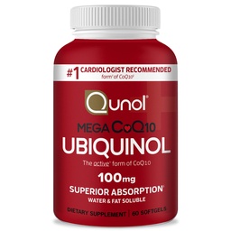 Qunol Ubiquinol CoQ10 100mg Softgels, Mega Ubiquinol 100mg - Superior Imeytyminen - Aktiivinen muoto Coenzyme Q10 sydämen terveyden ja terveen verenpainetasot - 2 kuukauden tarjonta - 60
