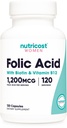 Nutricost Folic Acid for Women (Vitamin B9) 1200 mikrog, 120 kapselia, joissa on B12 ja Biotiini, kasviskapselit, ei-GMO & Gluteenittomat