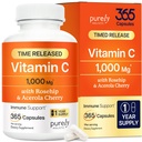 Puhtaasti kokonaisvaltainen C-vitamiini 1000 mg, 365 kapselia, 12 kuukauden toimitus, 2 vaiheen aikarelease askorbiinihapolla, Rosehip & Acerola Cherry Bioflavonoidi, immuunijärjestelmän tuki, Vegaani