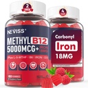 NEVISS Metyyli-B12-vitamiinit 5000 mikrog Gummies + rauta 18 mg naisille - aktiivinen metyylikobalamiini Metyyli-B12-vitamiini-lisä w/L-metyyliFolaatti, B6 (P5P) & D3 energia- ja painopistetuki, 120 tarjoilua