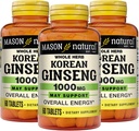 MASON NATURAL Korean Ginseng 1000 mg, tukee energiaa, kestävyyttä ja elinvoimaa, 60 tablettia, 3 tabletin pakkaus