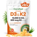 VEV Corefeel D3 K2 10 000 IU, 200 mikrog MK-7, 300 Coconut Oil Softgels, 2 in 1 vitamiineja täydentää D & K (sisältää MK7), helppo niellä, tukee kalsiumin imeytymistä, Bone Health