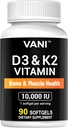 VOI-vitamiinit D3 (10000iu/250mcg) + K2 (Mk7), luun ja lihasten terveys, 90 SOFTGELS