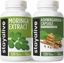 STAY ALIVE Moringa ja Ashwagandha Bundle w/Black Pepper Extract, 240 vegaanista pillereitä, ei-GMO & gluteeniton Ashwagandha Moringa täydennysosa 2 pakkaus