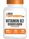 BulkSupplements.com Riboflaviini kapselit - B2-vitamiini 400 mg, Riboflaviini 400 mg - Essential B-vitamiini, Gluteeniton, 1 kapseli per tarjoilu, 180 kapselia (Pakkaus 1)