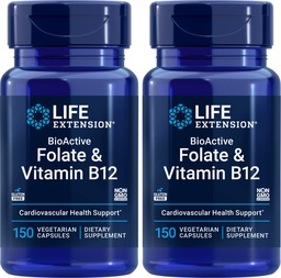 Life Extension BioActive Folate & Vitamin B12, 150 vegetariska kapslar (Pack of 2), Non GMO, Gluten Free