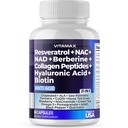 Resveratrol NAD+ Berberine Hyaluronic Acid - Biotin Grape & Blueberry + NAC - Collagen Peptides - Hiukset, kynnet, iho & joint Supplement - 21-in-1 Naisten ja miesten - Valmistettu USA (60 Count (pakkaus 1)