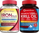 Lääkärin reseptit Iron Bisglysinaatti & Krill Oil Bundle, Veren ja energian tuki, Joint, aivojen ja silmien terveystuki, Ei gluteenia, Probiootit (60 kapselia) & Krill Oil (60 Softgels)