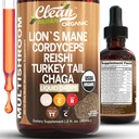 Organic Lions Mane Mushroom Supplement Liquid Drops + Turkey Tail Cordyceps Reishi Chaga Shitake Maitake Tremella Oyster Sienet Poria ja Enokiake Complex Blend by Clean Nutra