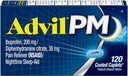 Advil PM (120 kreivi) Pain Reliever/Nighttime unilääke päällystetty Caplet, 200 mg Ibuprofeeni, 38 mg Difenhydramiini (Pakkaus 2)