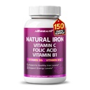 Organic Iron High Potency kanssa C-vitamiini, Foolihappo - korkea-absorptio Formula B1-vitamiini, B6-vitamiini, B12-vitamiini - Tuki verenrakennus - 150 Count - Valmistettu & Testattu Yhdysvalloissa