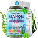 Sea Moss Gummies + Algae Omega-3 for Adult, 15-IN-1 Organic Irish Sea Moss Superfood with/Vitamins C D3 B12, Turmeric, Blackderwrack, Tukee energiaa, aivot, Immuuni, Päivittäinen Elinvoima, Sokerivapaa, 120 Cts