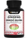 Korea Red Panax Ginseng 1200mg + Ginkgo Biloba - Extra Strength Root Extract Powder Supplement w/High Ginsenosidit Vegan kapselit energia, suorituskyky & Focus - täydentää miehille & naisille