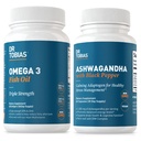 Tobias Omega 3:n kalaöljy- ja Ashwagandha-kapselit, tukevat yleistä hyvinvointia ja tasapainoista energiaa ja kestävyyttä, ei-GMO