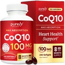 Puhtaasti kokonaisvaltainen CoQ10 100mg - 240 SoftGels - 8 kuukauden tarjonta - Ubikinoni Coenzyme Q10 täydennysosa - Luomu oliiviöljy - soijaton Co Q 10 - valmistettu Yhdysvalloissa