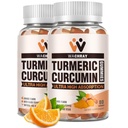 Turmeric Curcumin Gummies inkivääri & Black Pepper Extract - 2 pakkaus Tumeric Gummy lisäravinteet kipu tulehdus Yhteinen paino Terveys tuki - Vegaani, Luomu, Liivate - aikuisille ja lapsille