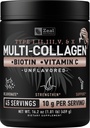 Premium Multi Collagen Peptides Protein Powder (1, 2, 3, 5 & 10), C-vitamiini, biotiini, hyaluronihappo, hius- ja kynnet - merimies, nauta, kananmunankuori (ei maustettu, 45 tarjoilua)