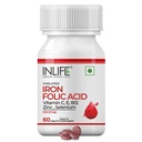 INLIFE Kelated Iron Folic Acid Supplement C-, E-, B12-, Sinkki & Selenium miesten naisten - 60 tablettia