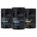 Urheilututkimus Wild Alaskan Pollock Omega 3 Fish Oil 90 Softgels (1250 mg) + Vegan Probiootit prebiootit, 60 miljardia PMY (30 Softgels) + 5000 IU D-vitamiini + 100 mcg Mk7 K (60 Softgels)