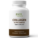 PureNature Collagen Ultra - Collagen Peptides with 5 Tyypit I, II, III, V & X Luonnollisesti-lähdetty Hydrolysoitu Kollageeni hiuksille, iholle, kynsien ja nivelten tuki - 90 kapselia