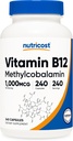 Nutricost-vitamiini B12 (Metyylicobalamiini) 1000 mikrog, 240 kapselia - Kasvisruoka, ei-GMO & gluteeniton B12 täydennysosa