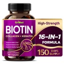 GriMed BIOTIN Collagen + Keratin 7,275mg Vahvat kynnet & hiukset, Radiantti iho, Terve ikääntyminen- USA Made & Tested (150 Count (Pakkaus 1))
