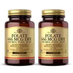 Solgar Folate 666 mikrog DFE (Foolihappo 400 mikrog) - 250 tablettia, pakkaus 2 - Prenatural Support - Ei-GMO, Vegan, Gluteeniton, Dairy Free, Kosher - 500 yhteensä