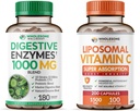 Terveellinen hyvinvointi Ruoansulatuselimistö 1000MG Plus Prebiootit ja probiootit + liposomaaliset C-vitamiinikapselit (200 pilleriä 1500 mg puskuroitu)