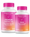 Pink Stork Premium Prenatal Duo: Premium Prenatal Vitamiini + DHA, Prenatal Probiootit naisille, Omega 3 + Fish Oil, Prenatal Vitamiini DHA ja Foolihappo, Naisten ommellut