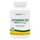 Natures Plus D3-vitamiini, laajennettu vapautuminen - 90 Vegaanitablettia - 5000 IU + 25 mg Trans- Resveratrol - Heart & Bone Health, Immuunijärjestelmän tuki, anti-aging - Gluteeniton - 90 tarjoilua