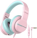 iClever HS19 Lapset kuulokkeet mikrofoni kouluun, turvallinen tilavuus rajoitettu, yli-ian tyttöjä Pojat kuulokkeet lapsille Shareport, Taitettava lanka iPad / Travel (Pink)