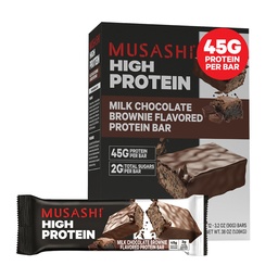 MUSASHI High Protein Bar, 45g Protein, 2g Total Sugars, Milk Chocolate Brownie, Post Workout och Protein Snack On The Go, 12 Pack av 3.2oz (90g) Bars