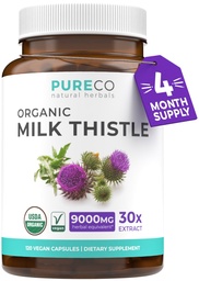 PURE CO USDA Organic Milk Thistle kapselit - 80% Silymarin täydentää maksan tuki Super tiivistetty 300mg of 30:1 Maito Thistle uute Maksa Detox 120 päivän tarjonta