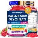 60 Day Supply Magnesium Glycinate 400 mg Gummies with Ashwagandha, L-Theanine, CoQ10, D3-vitamiini ja B6-sokeriton Magnesium Gummies for Adults & Kids, Stress Relief, Uni & Rauhallinen, Vegan, Gluteeniton