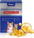 Wellix Pure Omega 3 Fish Oil for Dogs & Cats, iho ja takki lisäosa sheedding, edistää sydän, iho, takki, joint, & Immunoterveys, yli 95% Omega 3, Rich in EPA + DHA, 60 Softgels