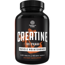 Natures Craft High Strength Tri Phase Creatiini Tabletit naisille ja miehille - Formula Blend Creatiini Monohydraatti, 300 mg HCL & Pyruvate täydennysosa - Lihasmassan kasvu & Recovery täydennysosa - 120 tablettia