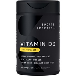 Sports Research® D3-vitamiini w/Coconut MCT Oil - High Potency Vitamiine D3 55000iu (125mcg) Supplement for Immune & Bone Support - Seed Oil Free - non-GMO - Gluten Free (360 Liquid Softgels)