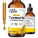 Wild & Organic Turmeric Tincture - Turmeeric Curcumin Black Pepper Extract - Liikkuvuus Tuki täydentää - Curcumin juurinesteen Drops - Vegaani, sokeri & alkoholiton - 4 fl oz