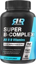Super B Complex, 8 Bioaktiivista B-vitamiinia, joissa on metyylifosaattia, metyyli B12, P-5-P (vitamiini B6), D-biotiini, niasinamidi, suuri absorptio, ei-muuntogeenisiä organismeja, energiantuotannon tuki, 60 vegan Caps