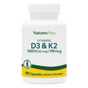 NaturesPlus-vitamiinit D3 (1000 IU) & K2 (100 mikrog) - Kasvisruoka, Gluteeniton - 90 kapselia, 90 tarjoilua